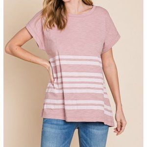 NWT Mauve Washed Cotton Slub Striped Short Sleeve Top Shirt  Cotton blue